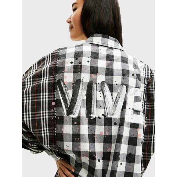 Desigual Shirt Women's Size Medium 'Vive' Patchwork Plaid Long Sleeve Cotton B&W - Picture 2 of 16